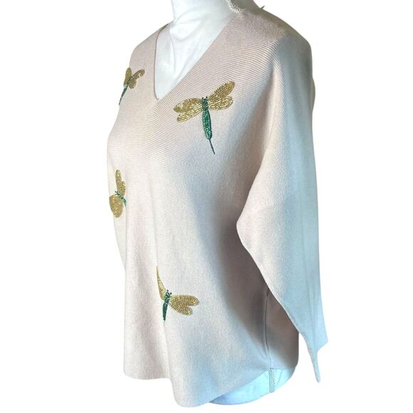 Liv Milano Womens Beige Knit Beaded Dragonfly Sweater Sz M Whimsical Long Sleeve - Picture 6 of 9